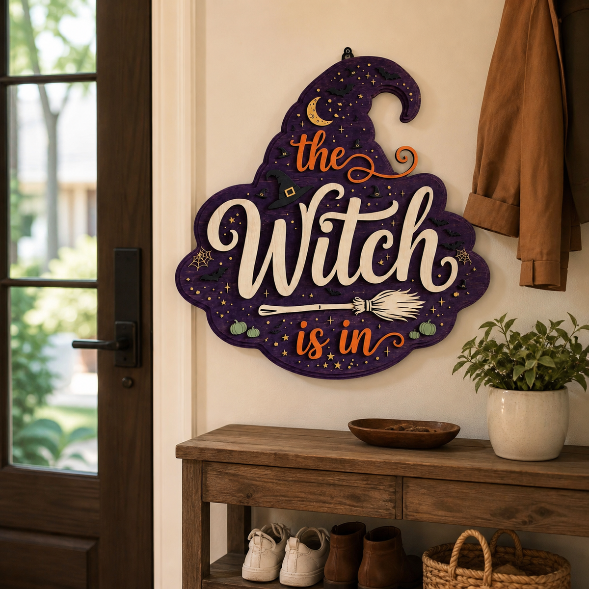 The Witch Is In Wooden Sign, Halloween Door Hanger, Purple Witch Hat Decor With Broom