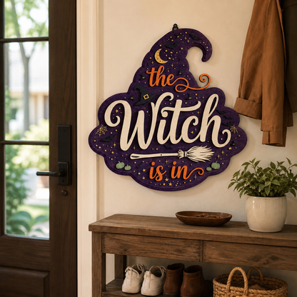 The Witch Is In Wooden Sign, Halloween Door Hanger, Purple Witch Hat Decor With Broom