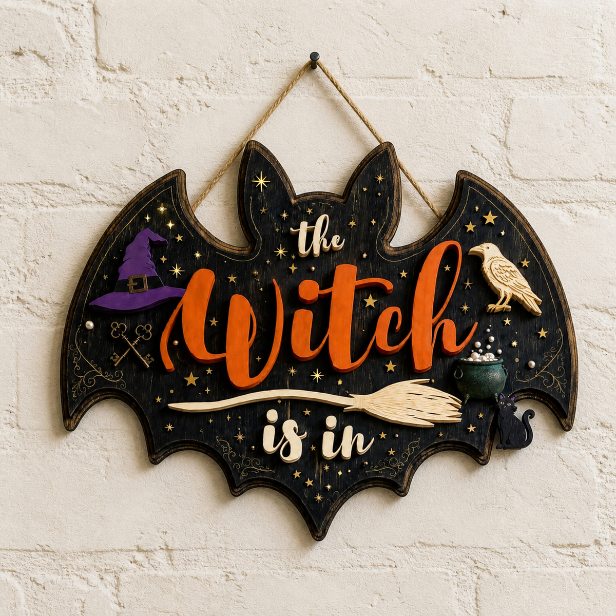 The Witch Is In Wooden Sign Halloween Decor, Bat Shape Door Hanger, Raven Cat Decor