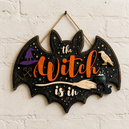 The Witch Is In Wooden Sign Halloween Decor, Bat Shape Door Hanger, Raven Cat Decor
