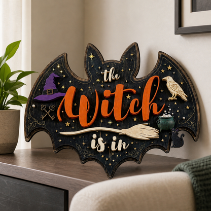 The Witch Is In Wooden Sign Halloween Decor, Bat Shape Door Hanger, Raven Cat Decor