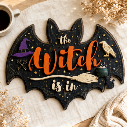 The Witch Is In Wooden Sign Halloween Decor, Bat Shape Door Hanger, Raven Cat Decor
