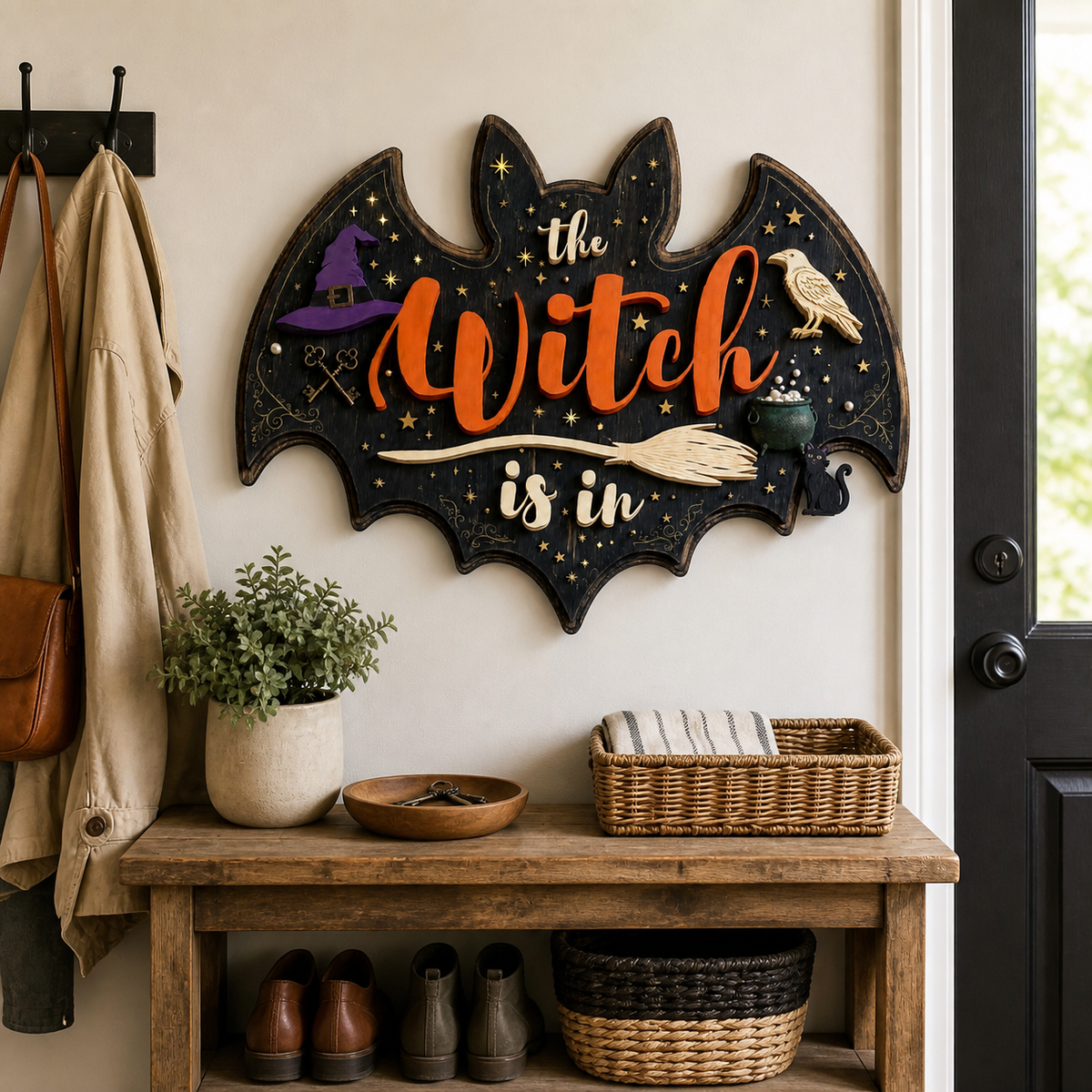 The Witch Is In Wooden Sign Halloween Decor, Bat Shape Door Hanger, Raven Cat Decor