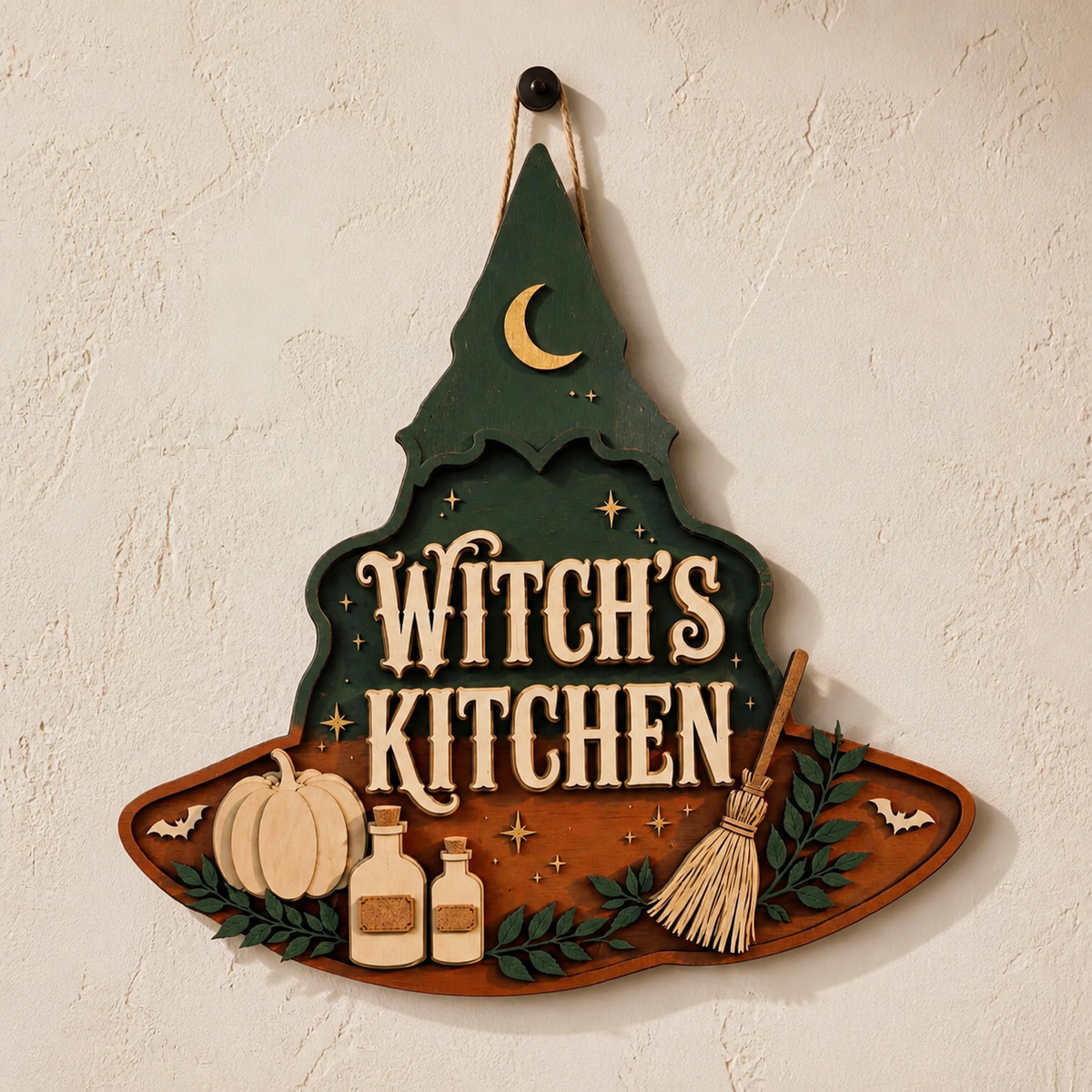 Witch's Kitchen Wooden Sign, Halloween Decor Green Hat Shape Door Hanger