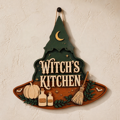 Witch's Kitchen Wooden Sign, Halloween Decor Green Hat Shape Door Hanger