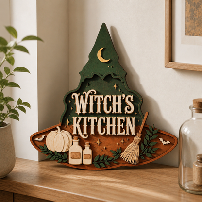 Witch's Kitchen Wooden Sign, Halloween Decor Green Hat Shape Door Hanger