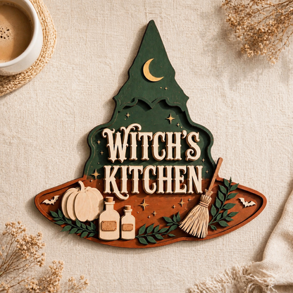 Witch's Kitchen Wooden Sign, Halloween Decor Green Hat Shape Door Hanger