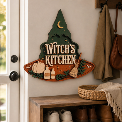 Witch's Kitchen Wooden Sign, Halloween Decor Green Hat Shape Door Hanger