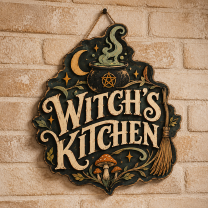 Witch'S Kitchen Wooden Sign, Steaming Cauldron, Halloween Wall Decor