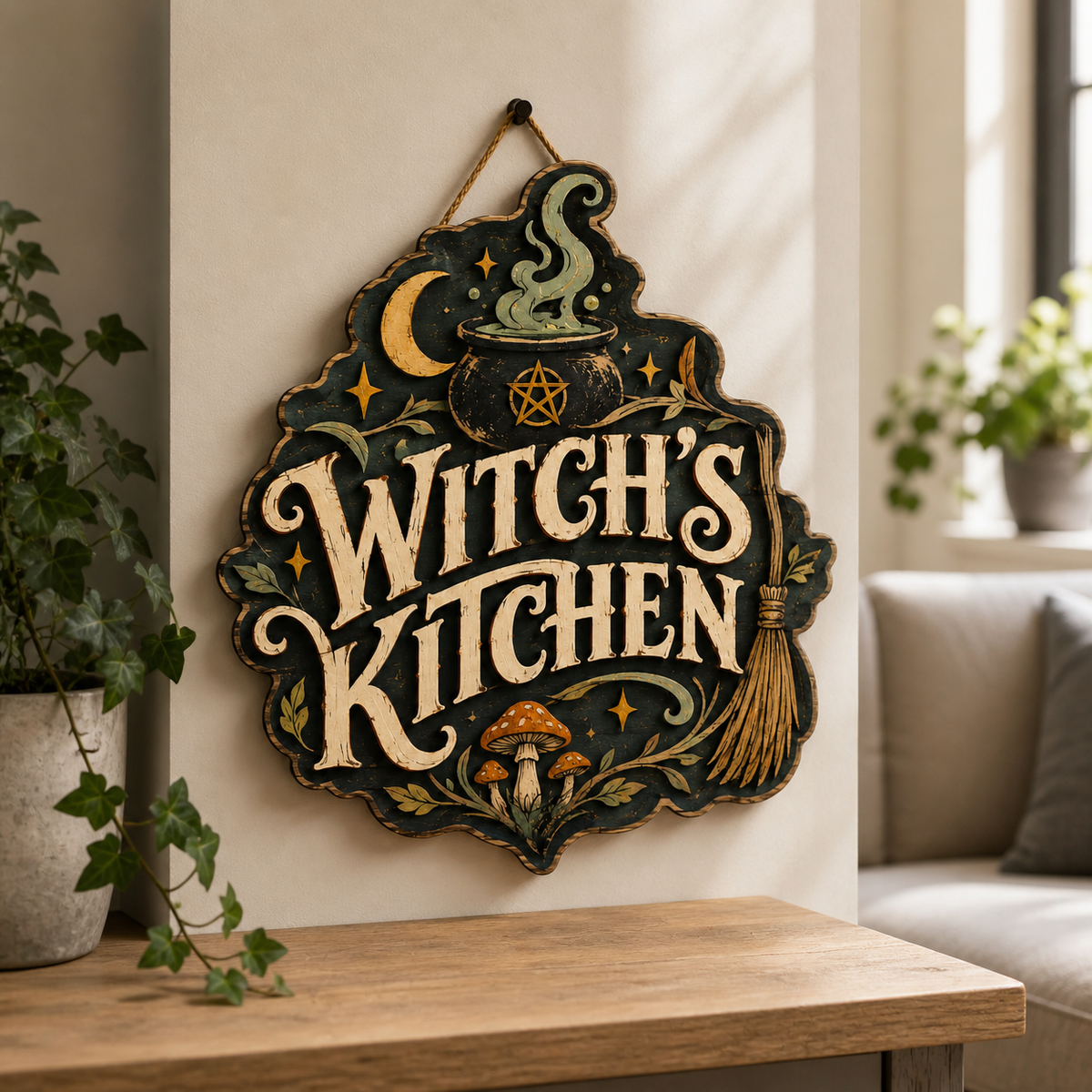 Witch'S Kitchen Wooden Sign, Steaming Cauldron, Halloween Wall Decor