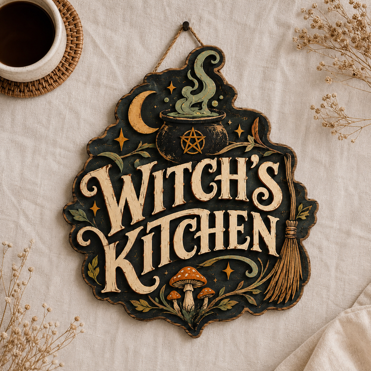 Witch'S Kitchen Wooden Sign, Steaming Cauldron, Halloween Wall Decor