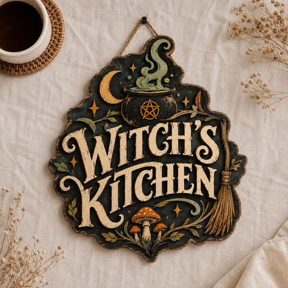 Witch'S Kitchen Wooden Sign, Steaming Cauldron, Halloween Wall Decor