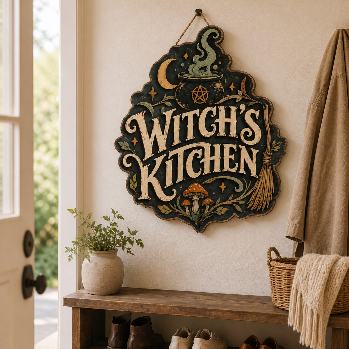 Witch'S Kitchen Wooden Sign, Steaming Cauldron, Halloween Wall Decor