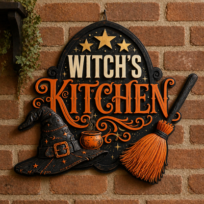 Witch's Kitchen Wooden Sign For Halloween Decor Black Hat & Orange Broom