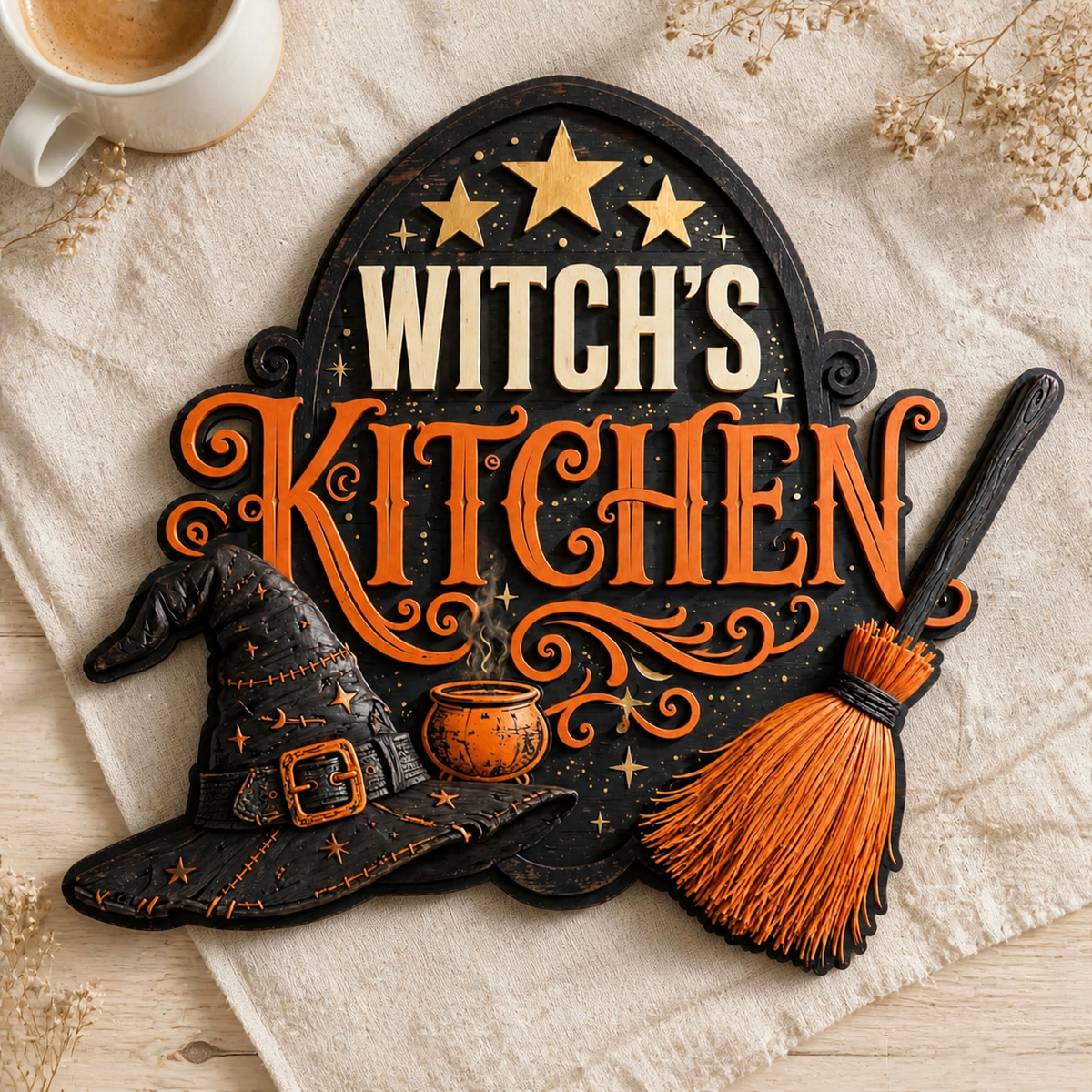 Witch's Kitchen Wooden Sign For Halloween Decor Black Hat & Orange Broom