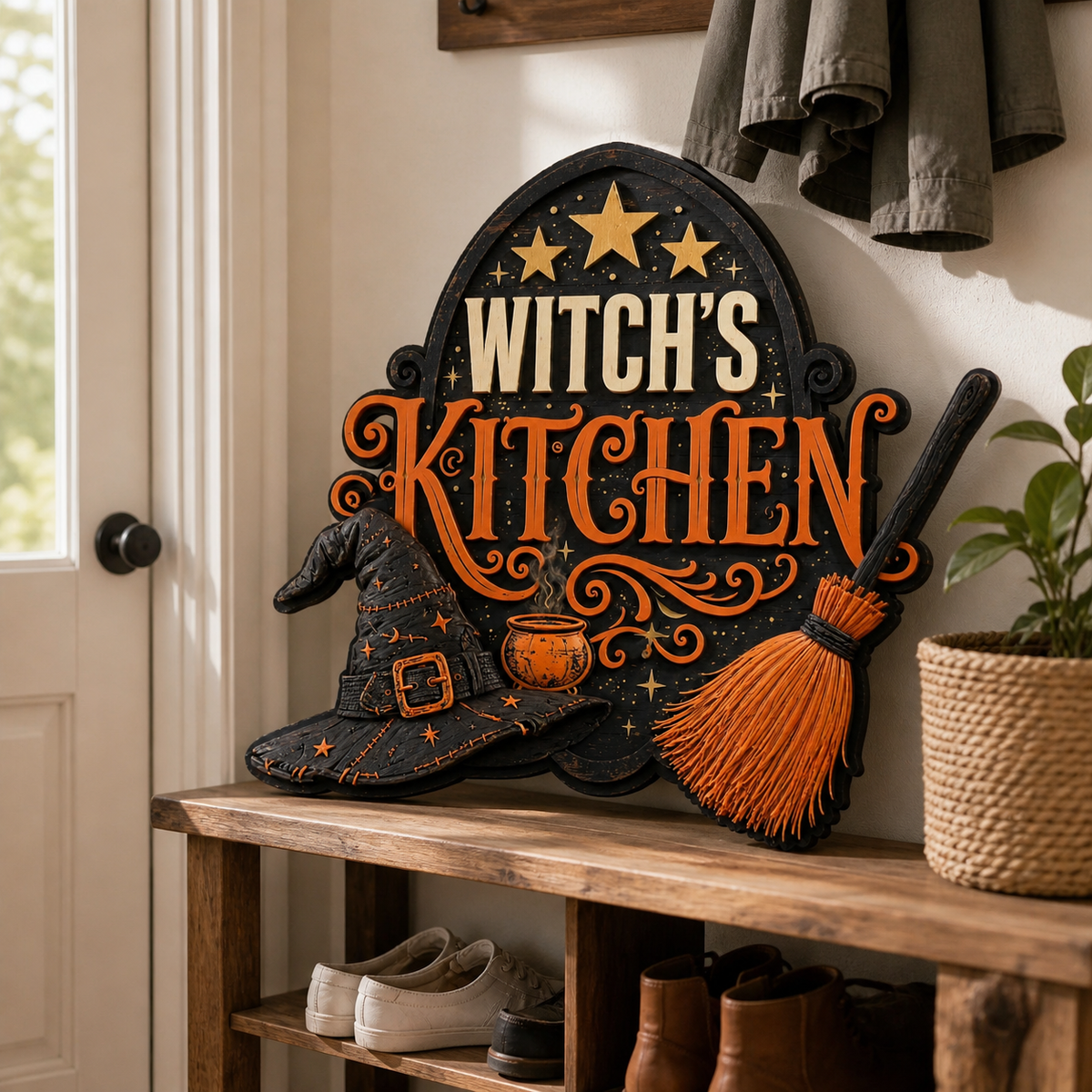 Witch's Kitchen Wooden Sign For Halloween Decor Black Hat & Orange Broom