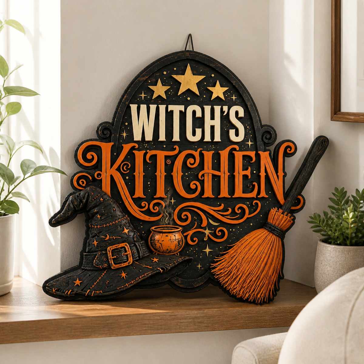 Witch's Kitchen Wooden Sign For Halloween Decor Black Hat & Orange Broom