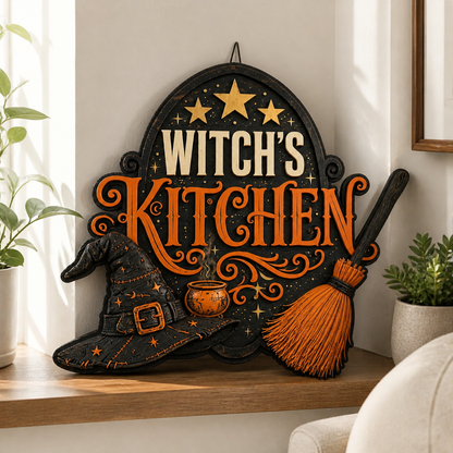 Witch's Kitchen Wooden Sign For Halloween Decor Black Hat & Orange Broom