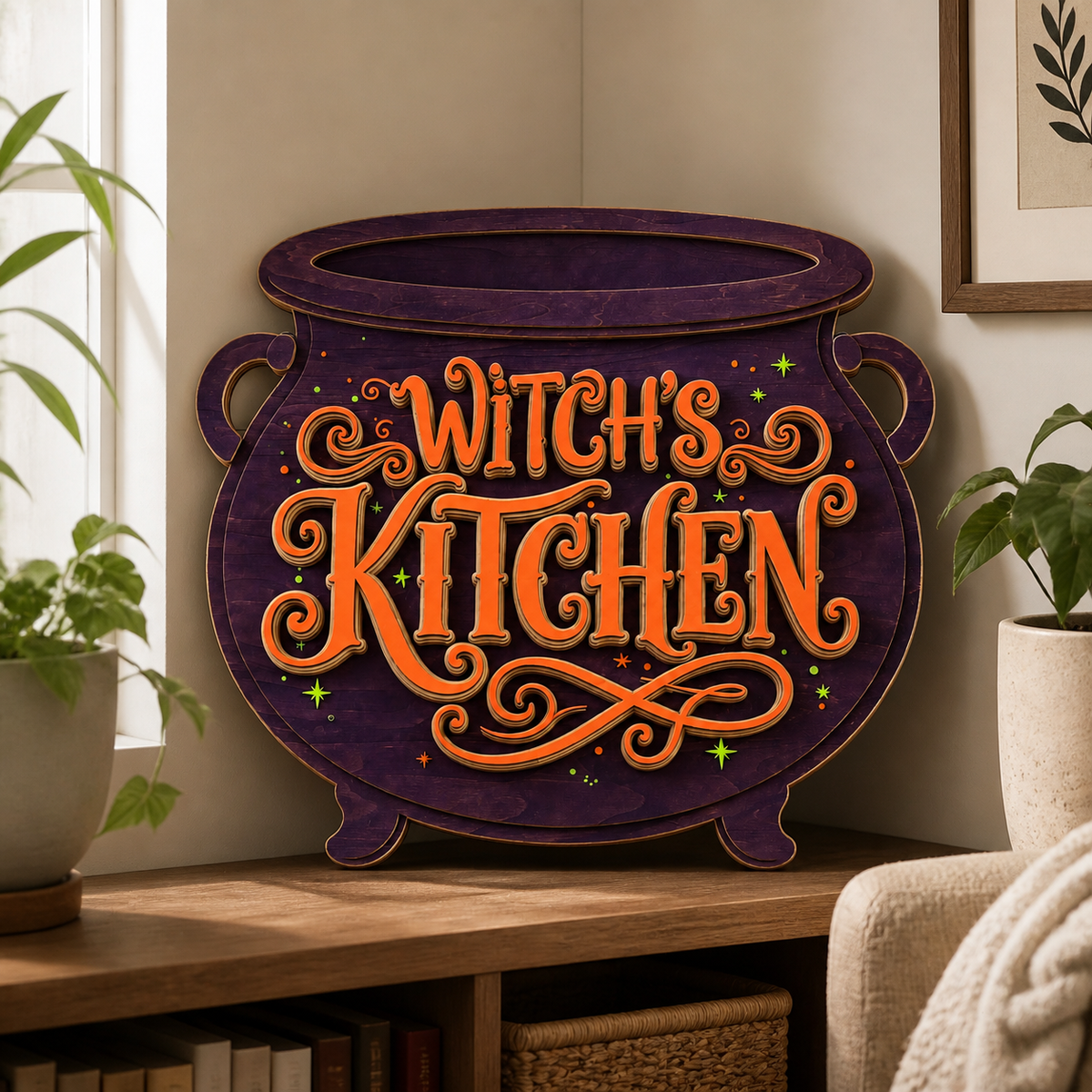 Witch'S Kitchen Wooden Sign, Purple Cauldron Shape Door Hanger