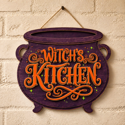 Witch'S Kitchen Wooden Sign, Purple Cauldron Shape Door Hanger