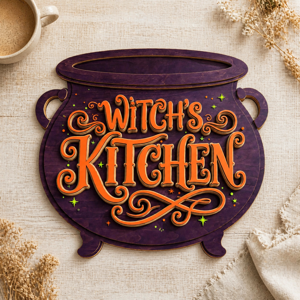 Witch'S Kitchen Wooden Sign, Purple Cauldron Shape Door Hanger