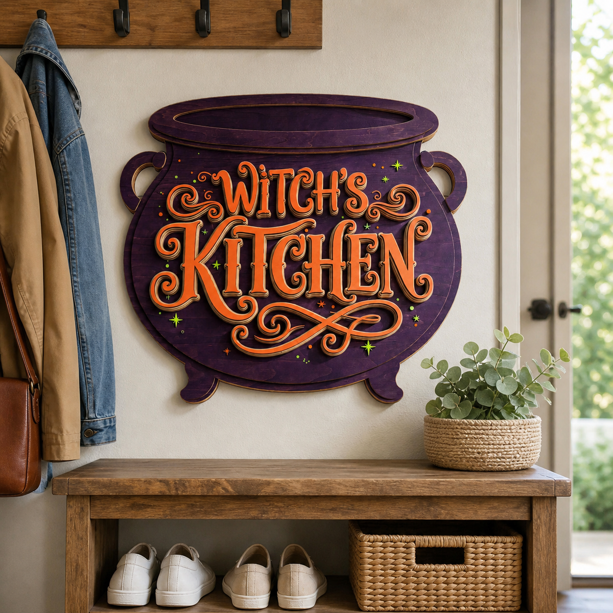 Witch'S Kitchen Wooden Sign, Purple Cauldron Shape Door Hanger