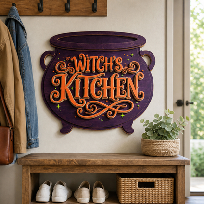 Witch'S Kitchen Wooden Sign, Purple Cauldron Shape Door Hanger