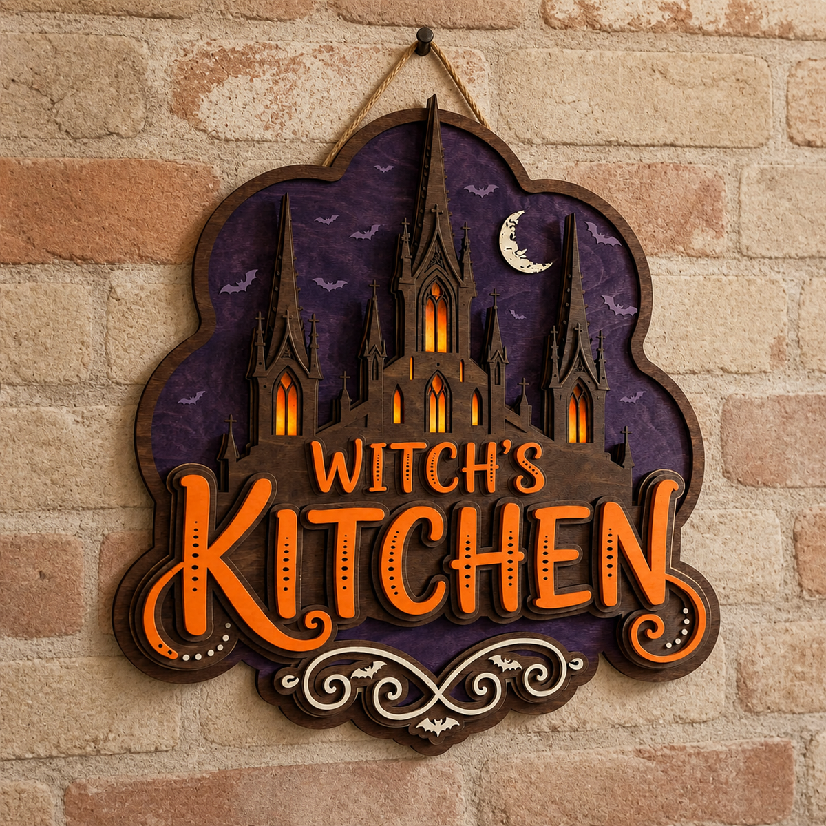 Witch'S Kitchen Wooden Sign, Haunted Castle Silhouette Door Hanger Decor