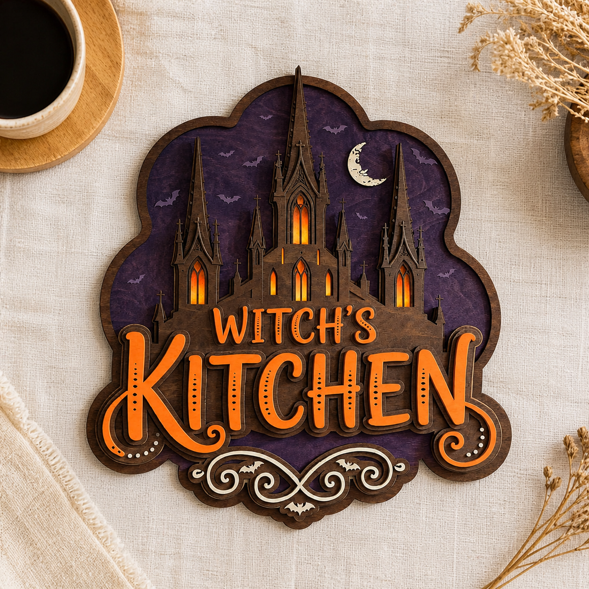 Witch'S Kitchen Wooden Sign, Haunted Castle Silhouette Door Hanger Decor