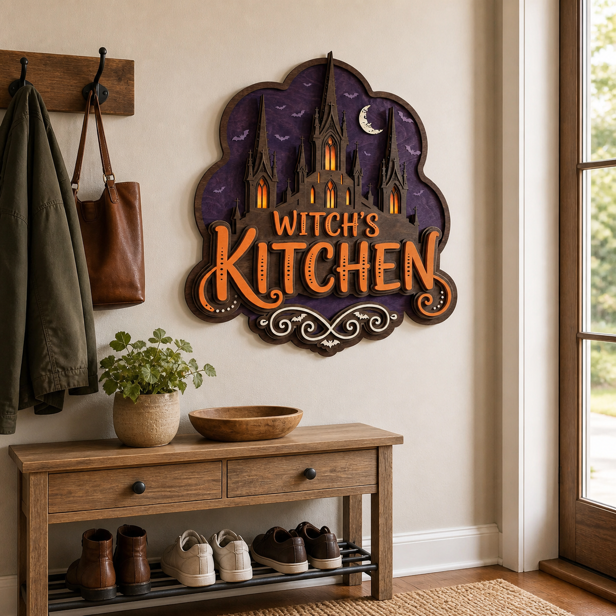 Witch'S Kitchen Wooden Sign, Haunted Castle Silhouette Door Hanger Decor