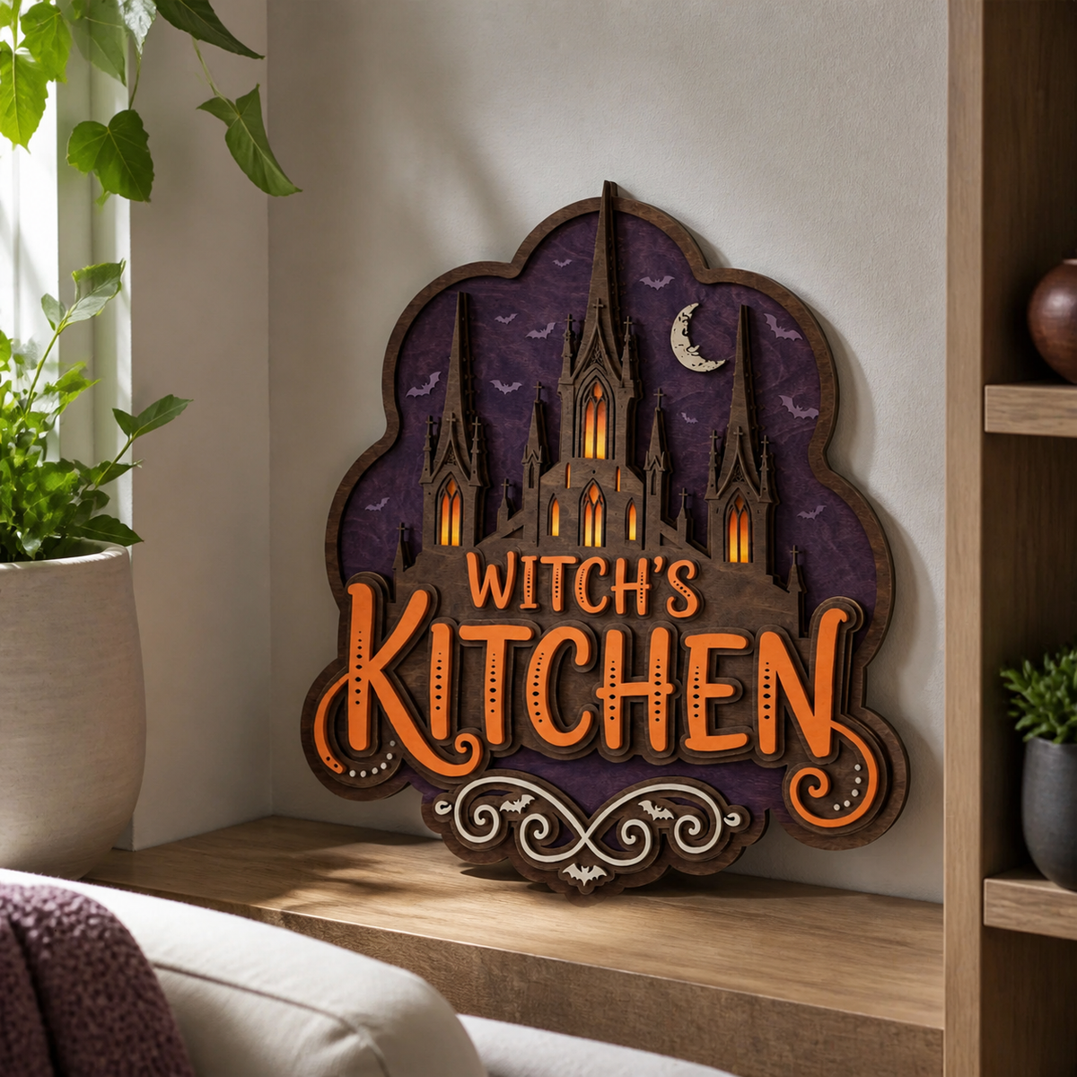 Witch'S Kitchen Wooden Sign, Haunted Castle Silhouette Door Hanger Decor