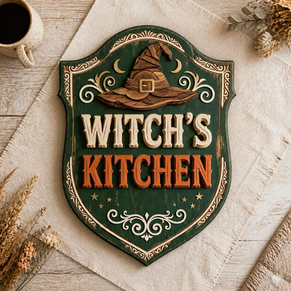 Witch'S Kitchen Wooden Sign, Wood Hat Crescent Moon, Green Shield Door Hanger