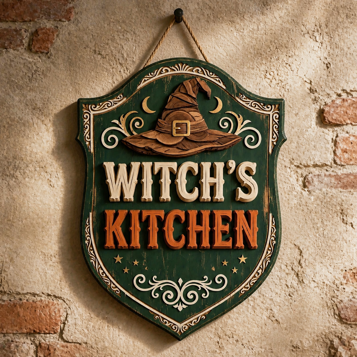 Witch'S Kitchen Wooden Sign, Wood Hat Crescent Moon, Green Shield Door Hanger