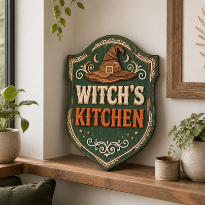 Witch'S Kitchen Wooden Sign, Wood Hat Crescent Moon, Green Shield Door Hanger