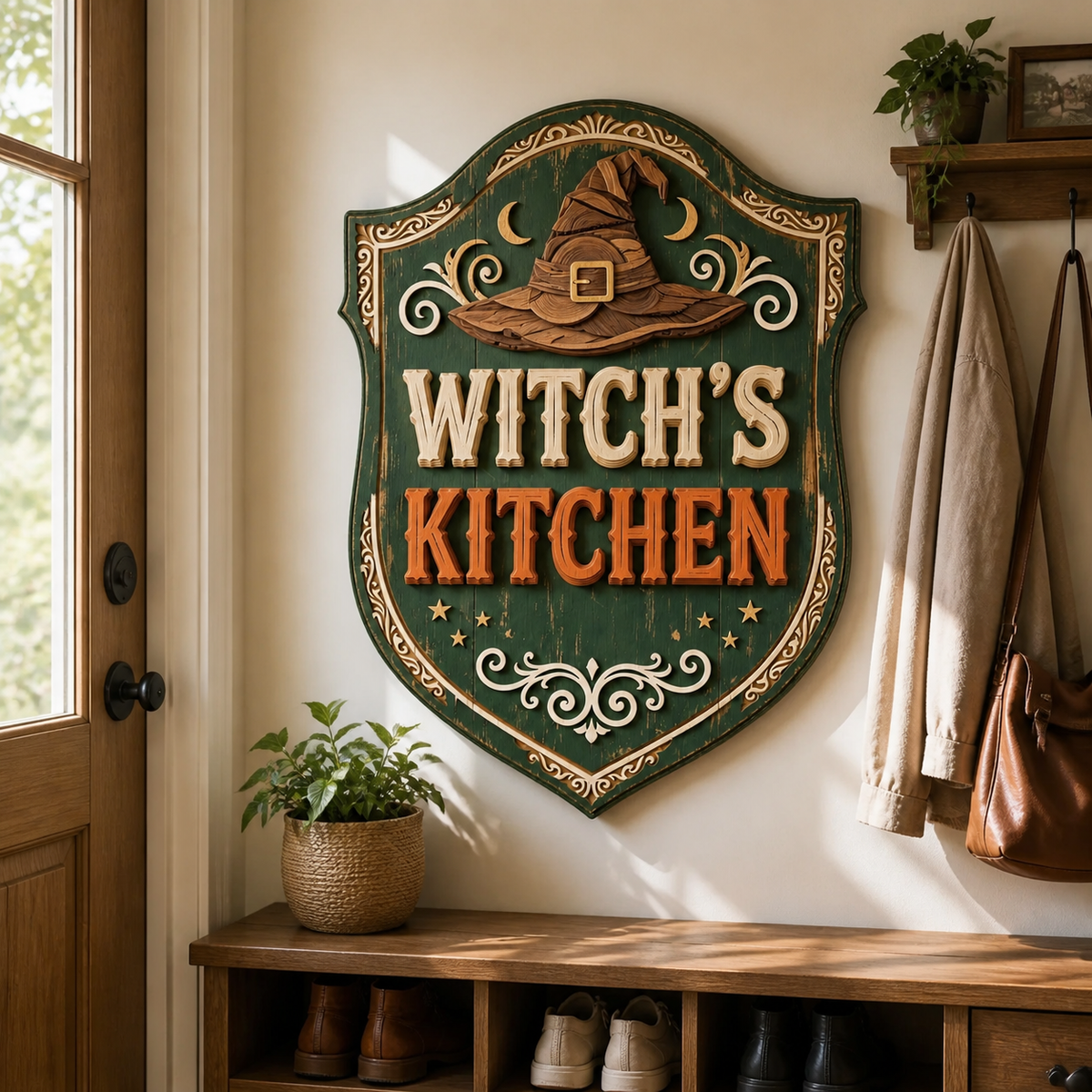 Witch'S Kitchen Wooden Sign, Wood Hat Crescent Moon, Green Shield Door Hanger