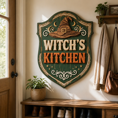 Witch'S Kitchen Wooden Sign, Wood Hat Crescent Moon, Green Shield Door Hanger