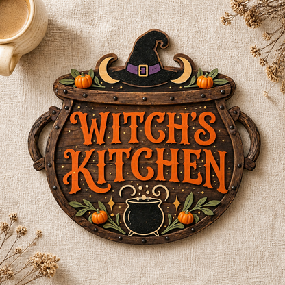 Witch'S Kitchen Wooden Sign, Rustic Door Hanger, Black Hat & Mini Pumpkins Decor