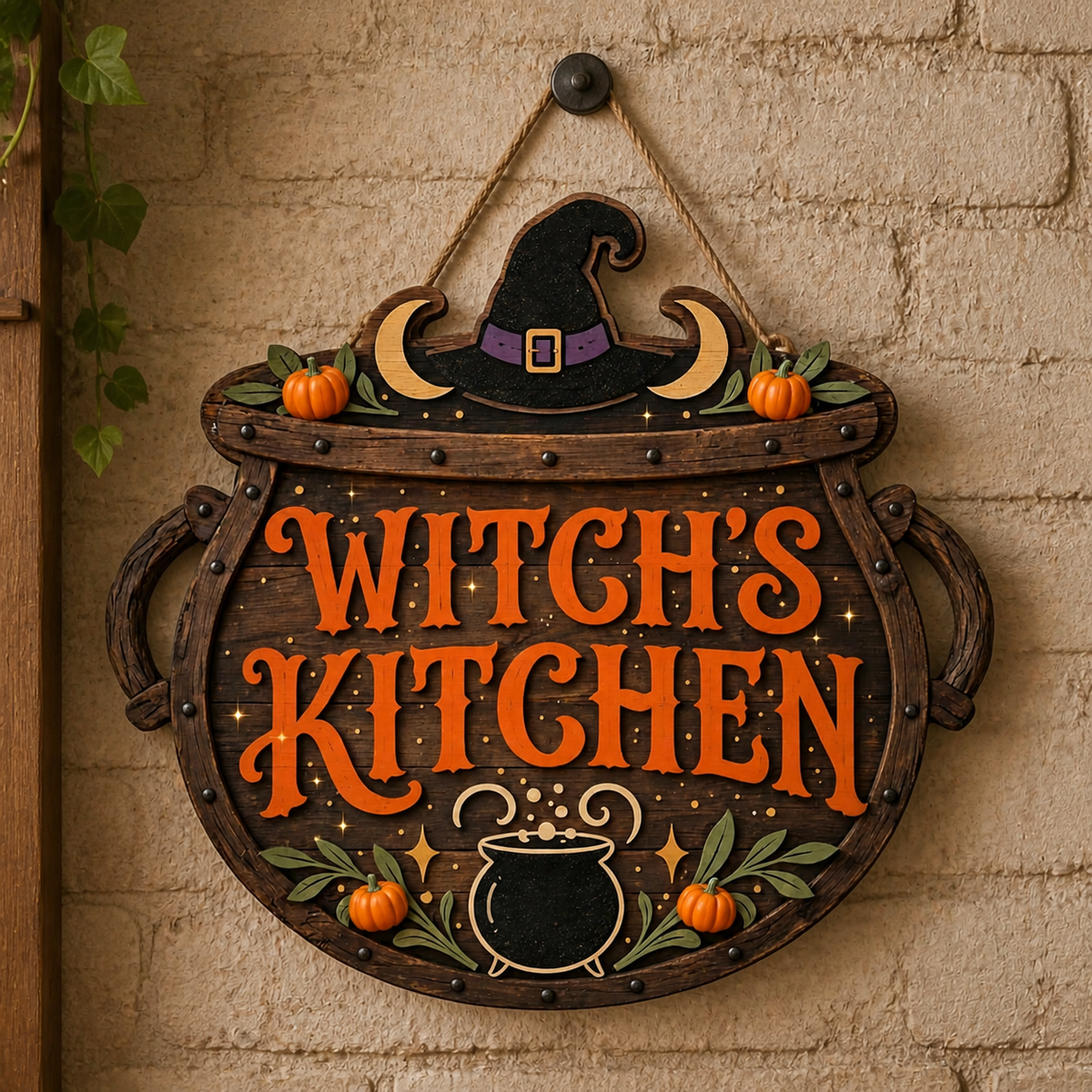 Witch'S Kitchen Wooden Sign, Rustic Door Hanger, Black Hat & Mini Pumpkins Decor