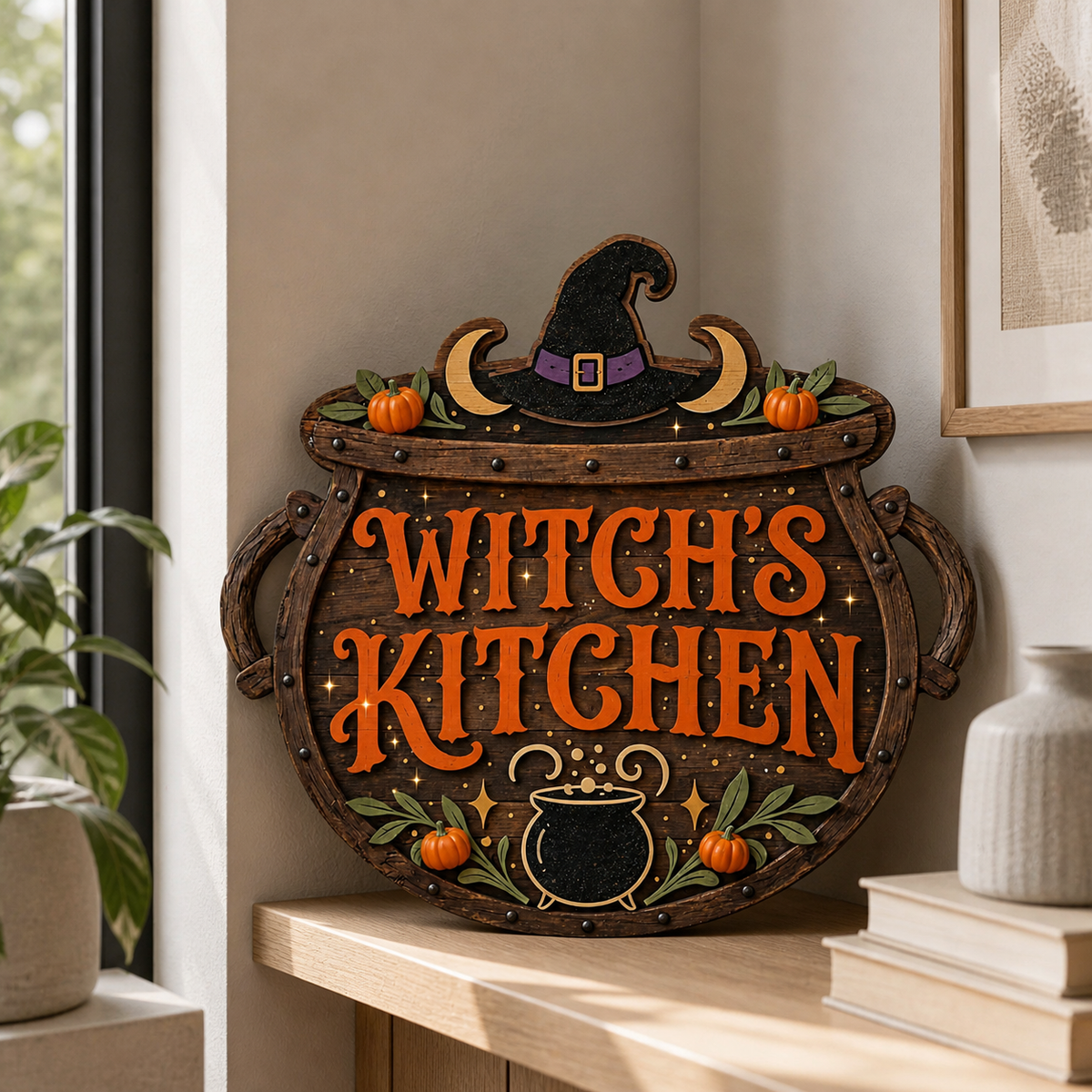 Witch'S Kitchen Wooden Sign, Rustic Door Hanger, Black Hat & Mini Pumpkins Decor