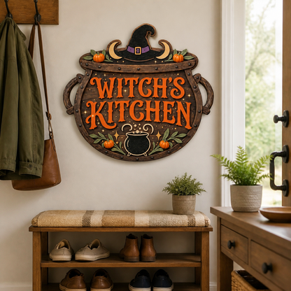 Witch'S Kitchen Wooden Sign, Rustic Door Hanger, Black Hat & Mini Pumpkins Decor