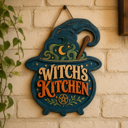 Witch'S Kitchen Wooden Sign Green Steam Halloween Decor Wooden Spoon Blue Cauldron