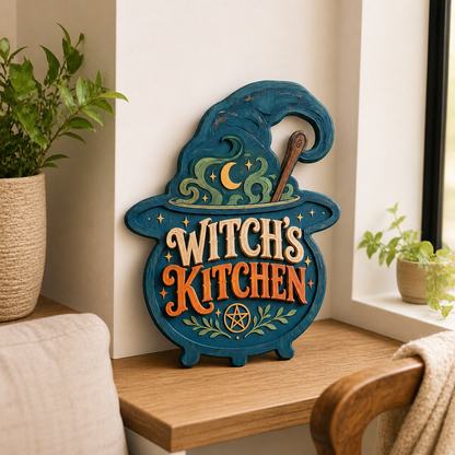 Witch'S Kitchen Wooden Sign Green Steam Halloween Decor Wooden Spoon Blue Cauldron
