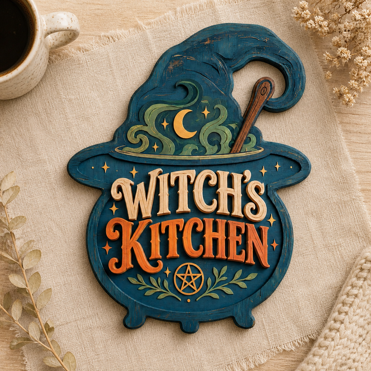 Witch'S Kitchen Wooden Sign Green Steam Halloween Decor Wooden Spoon Blue Cauldron
