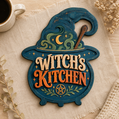Witch'S Kitchen Wooden Sign Green Steam Halloween Decor Wooden Spoon Blue Cauldron