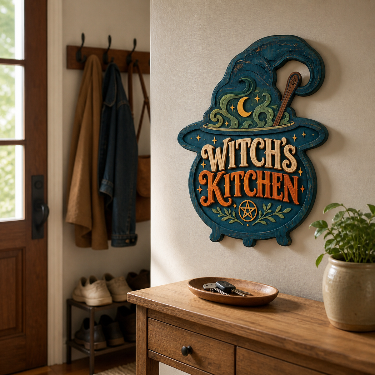 Witch'S Kitchen Wooden Sign Green Steam Halloween Decor Wooden Spoon Blue Cauldron