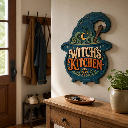 Witch'S Kitchen Wooden Sign Green Steam Halloween Decor Wooden Spoon Blue Cauldron