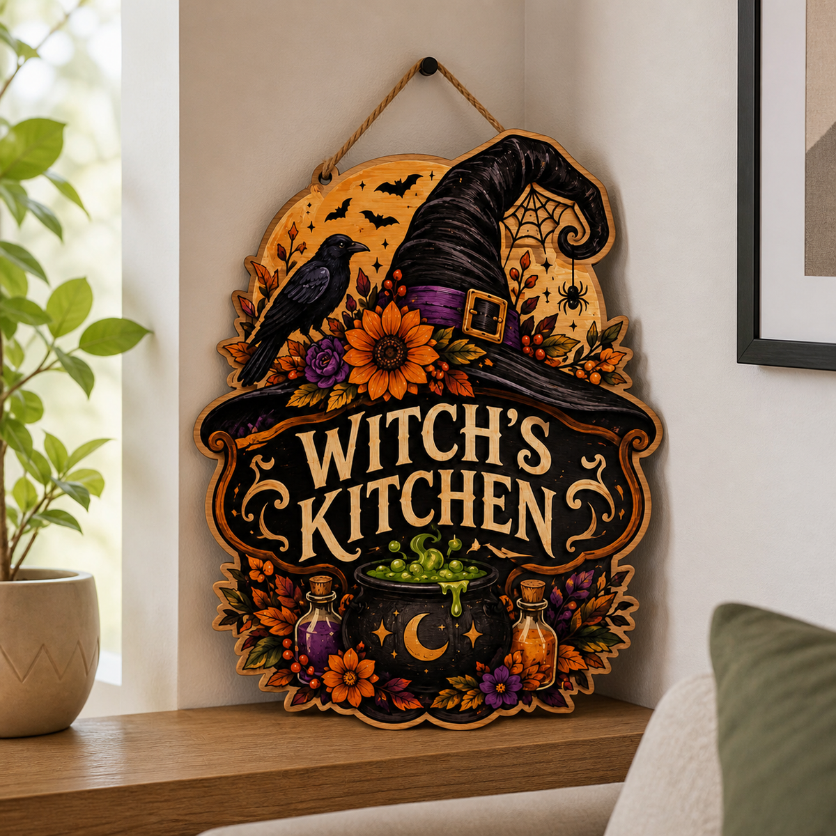 Witch’S Kitchen Wooden Sign Black Hat Raven Door Hanger