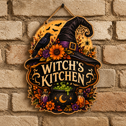 Witch’S Kitchen Wooden Sign Black Hat Raven Door Hanger