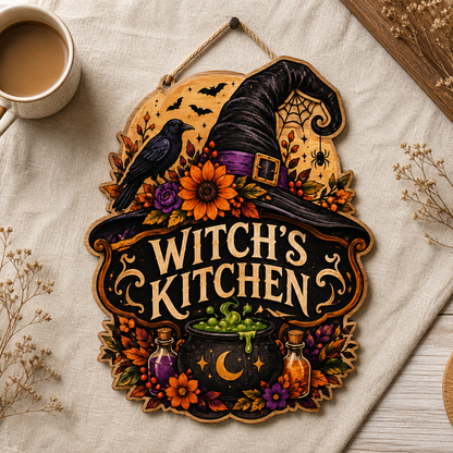 Witch’S Kitchen Wooden Sign Black Hat Raven Door Hanger