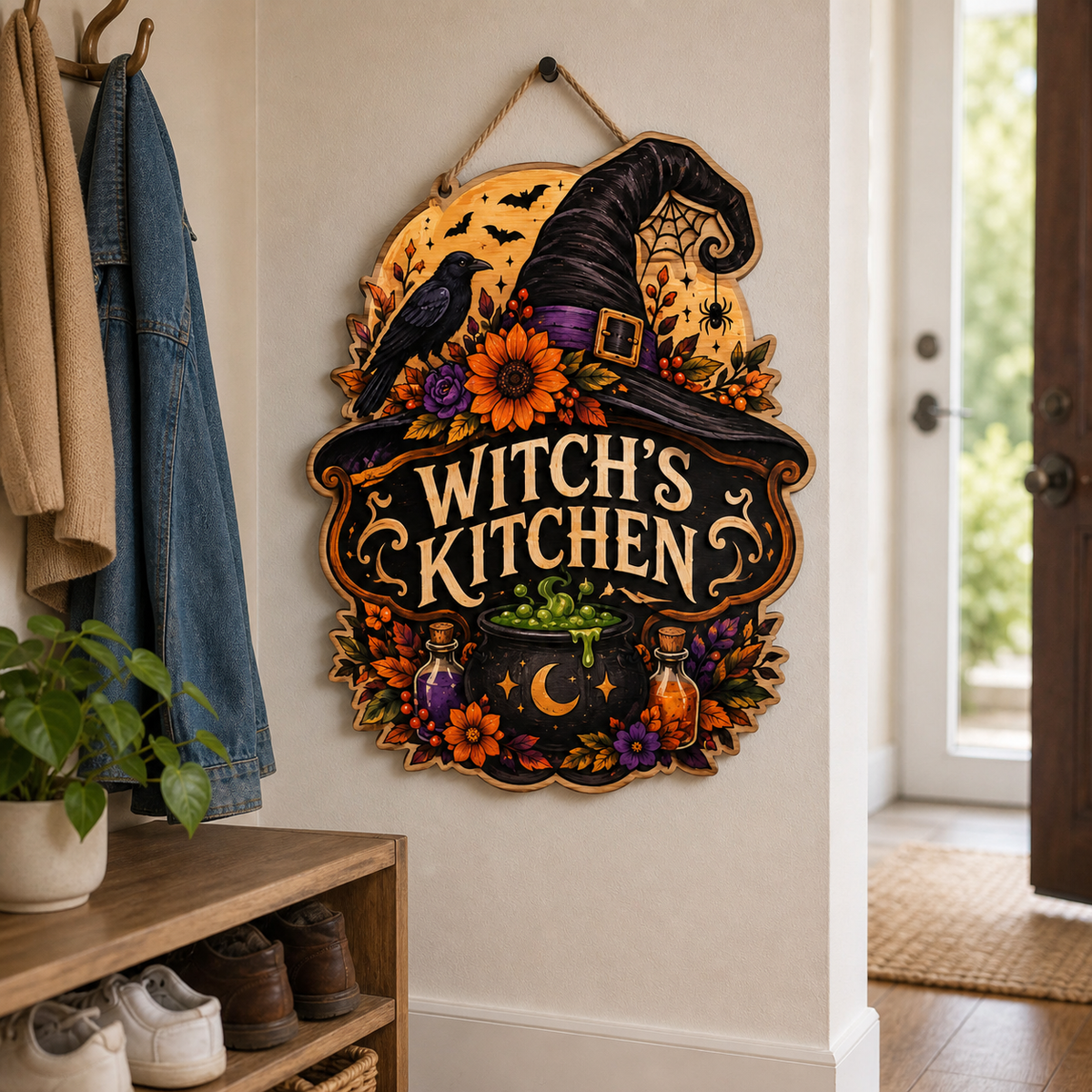Witch’S Kitchen Wooden Sign Black Hat Raven Door Hanger